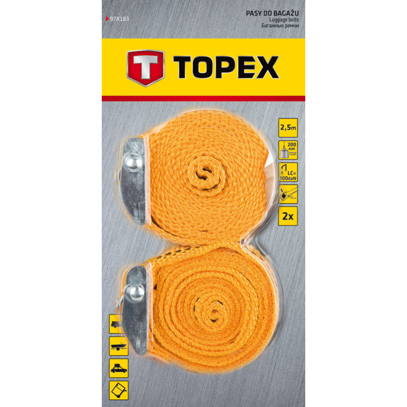 Ремені багажні TOPEX 2 шт. 2,5 м x 25 мм, з металевими пряжками, макс. навантаження 400 кг, арт. 97X183