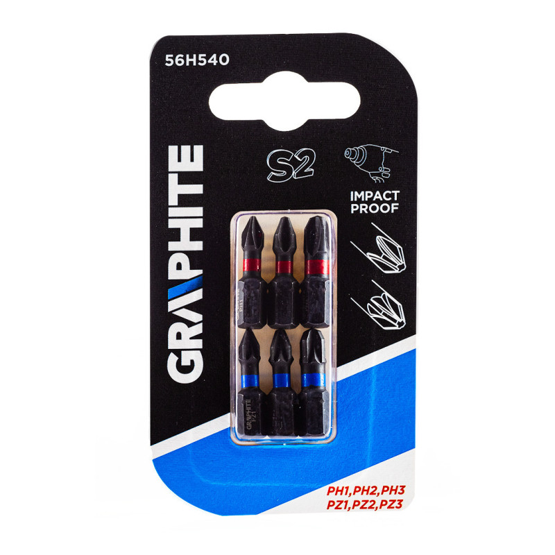 Ударні біти GRAPHITE 56H540 PH1/2/3, PZ1/2/3, 25 мм, сталь S2, набір насадок для шуруповерта