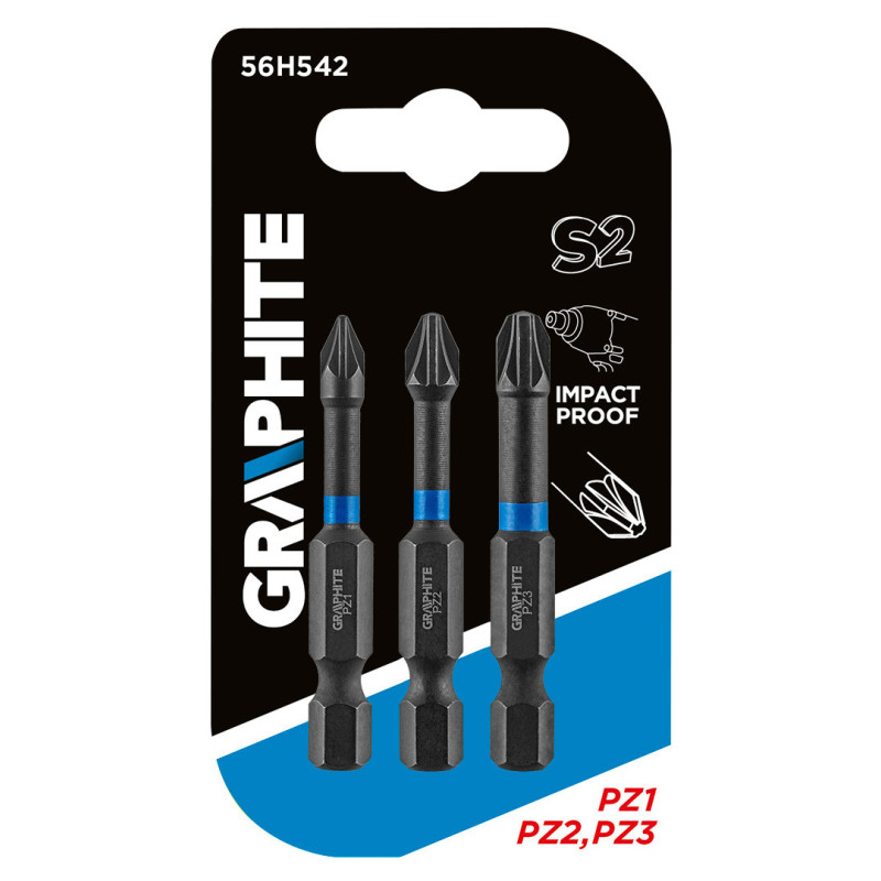 Ударні біти GRAPHITE 56H542 PZ1/PZ2/PZ3, 50 мм, сталь S2, для шуруповерта та ударної викрутки