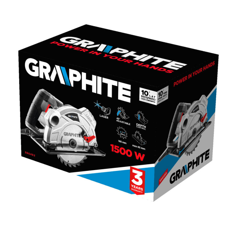 Дискова пила GRAPHITE 59G370, 1500 Вт, діаметр диска 185 мм, кут нахилу 45°