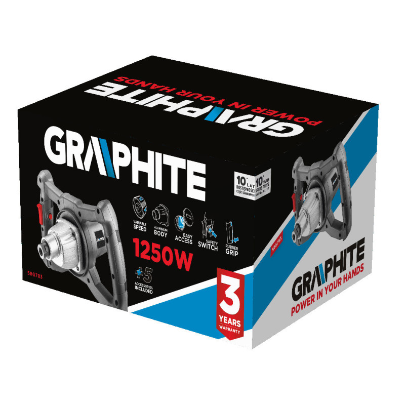 Будівельний міксер GRAPHITE 58G783, потужність 1250 Вт, регулювання 400–800 об/хв, патрон M14