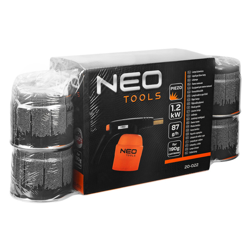 Газова паяльна лампа NEO TOOLS 20-045 з 4 картриджами, 190 г, потужність 1,2 кВт, температура 1350°C