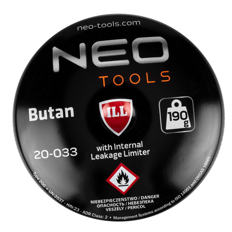 Газова паяльна лампа NEO TOOLS 20-045 з 4 картриджами, 190 г, потужність 1,2 кВт, температура 1350°C