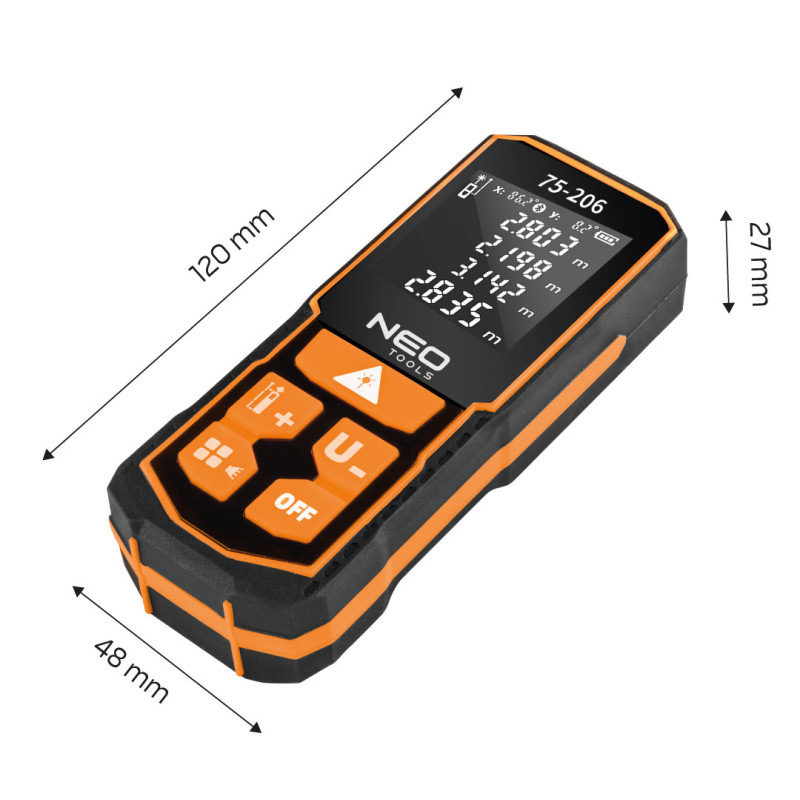 Лазерний далекомір NEO Tools 75-206, 100 м, точність ±2 мм, IP54, USB-C, професійний.