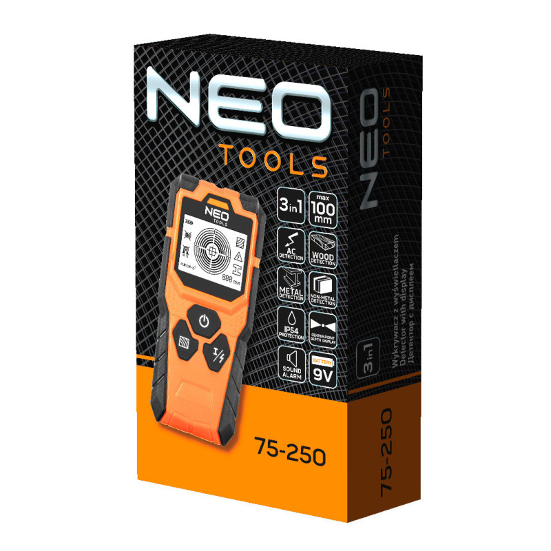 Детектор NEO TOOLS 75-250, 3-в-1, цифровий, метал/дерево/кабель, глибина до 100 мм, IP54