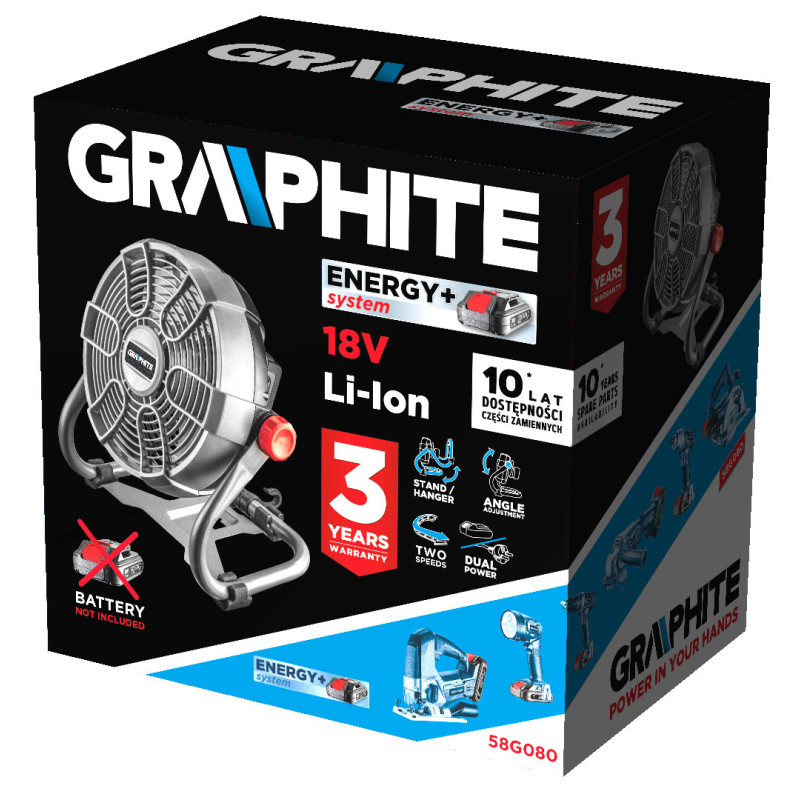 Акумуляторно-мережевий вентилятор GRAPHITE 58G080 (18V, 2 швидкості, регулювання кута)