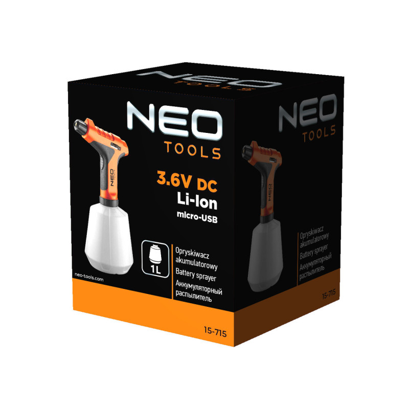 Обприскувач акумуляторний NEO Tools 15-715, USB зарядка, робочий діапазон до 6 м