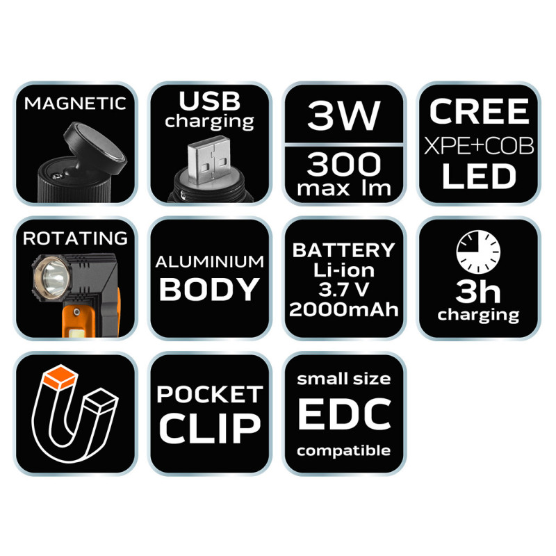 Ліхтар акумуляторний NEO Tools 99-034, CREE XPE + COB LED, 300 лм, USB, магніт, 5 режимів