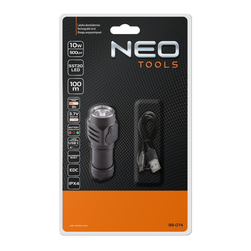Компактний ліхтар NEO Tools 99-074, 500 лм, SST20, USB-C, алюмінієвий корпус, дальність до 100 м