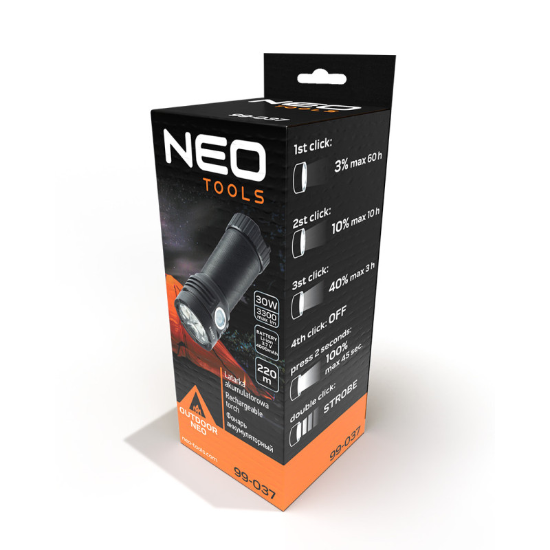 Акумуляторний ліхтар NEO Tools 99-037, OSRAM P9, 3300 лм, 30 Вт, 220 м, 5 режимів, з акумулятором і USB-зарядкою