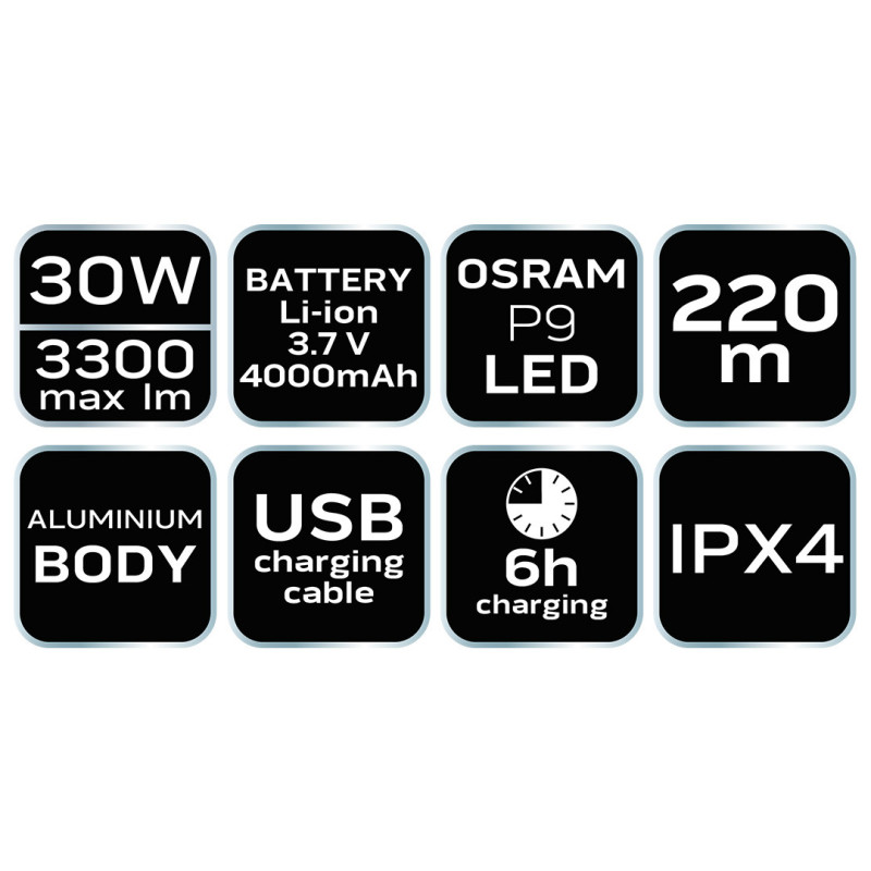 Акумуляторний ліхтар NEO Tools 99-037, OSRAM P9, 3300 лм, 30 Вт, 220 м, 5 режимів, з акумулятором і USB-зарядкою