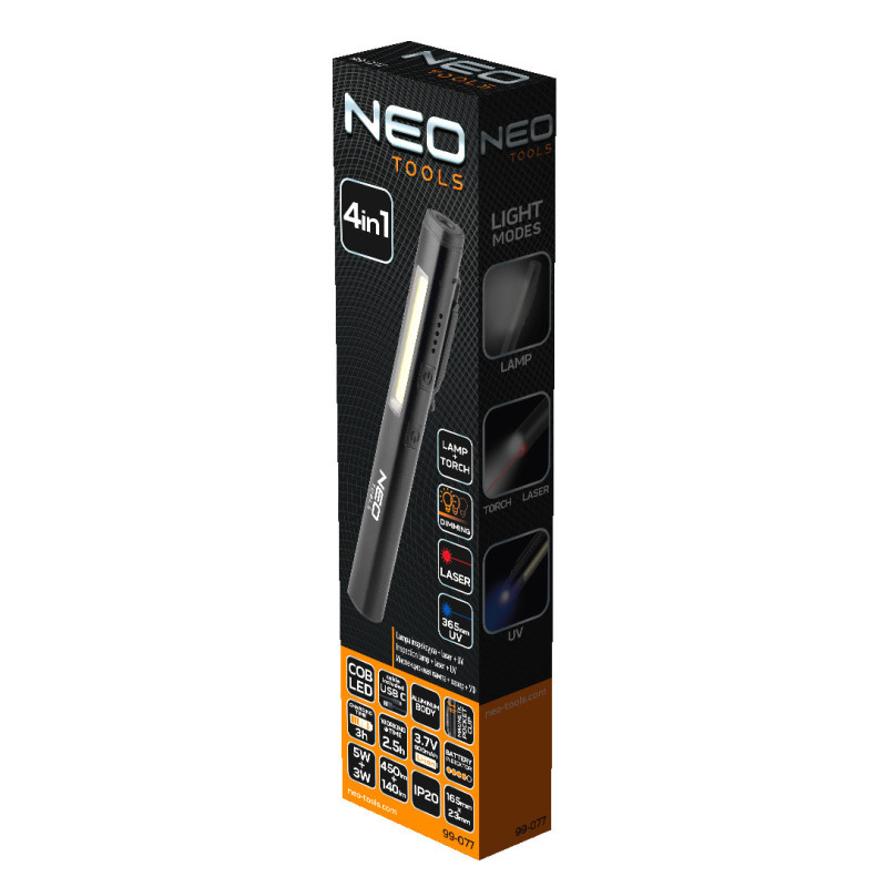 Інспекційна лампа NEO Tools 99-077, 4 в 1: COB LED 450 лм, лазер, УФ 365 нм, USB-C