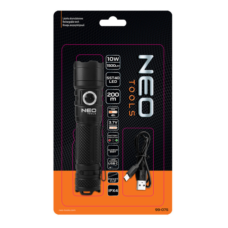Ліхтар акумуляторний NEO Tools 99-075, SST40 LED, 1500 лм, USB-C, 4000 мА·год, дальність 200 м