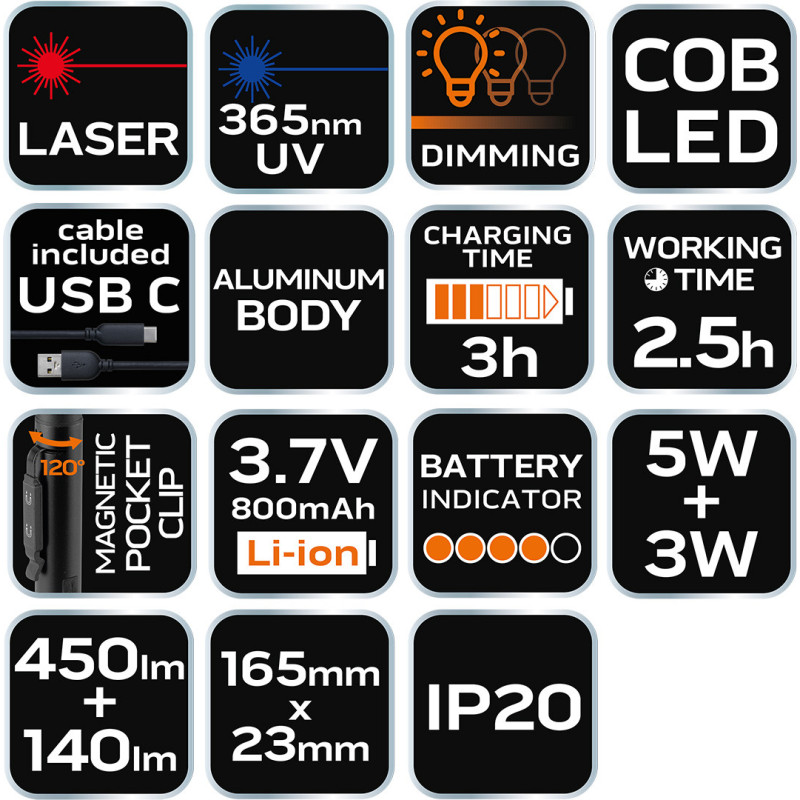 Інспекційна лампа NEO Tools 99-077, 4 в 1: COB LED 450 лм, лазер, УФ 365 нм, USB-C