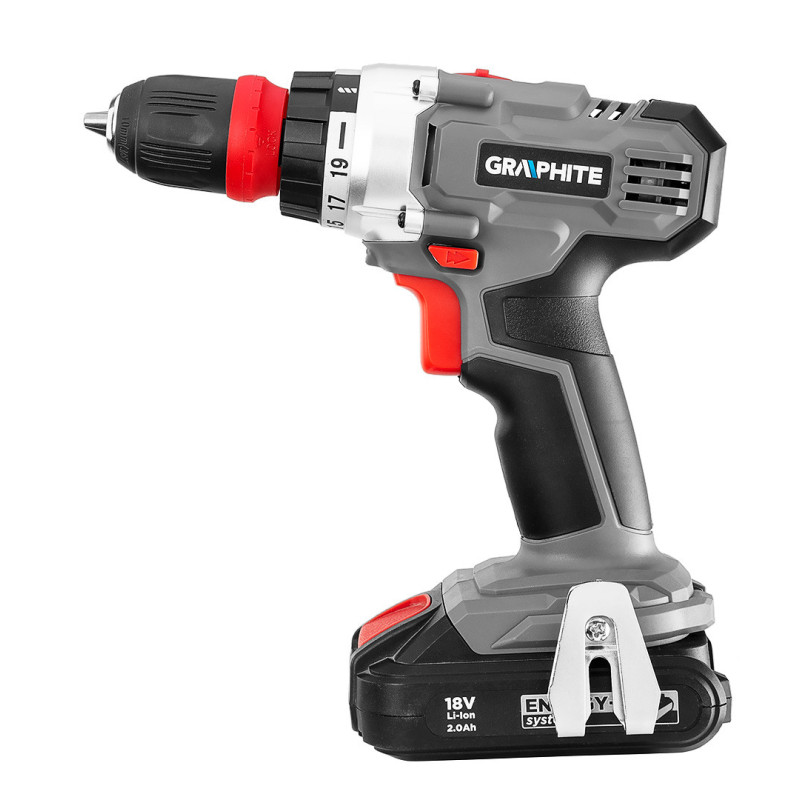 Акумуляторний дриль-шуруповерт GRAPHITE 58G022, 18 В, Li-Ion, з акумулятором 2.0 Ач і зарядним пристроєм, у кейсі