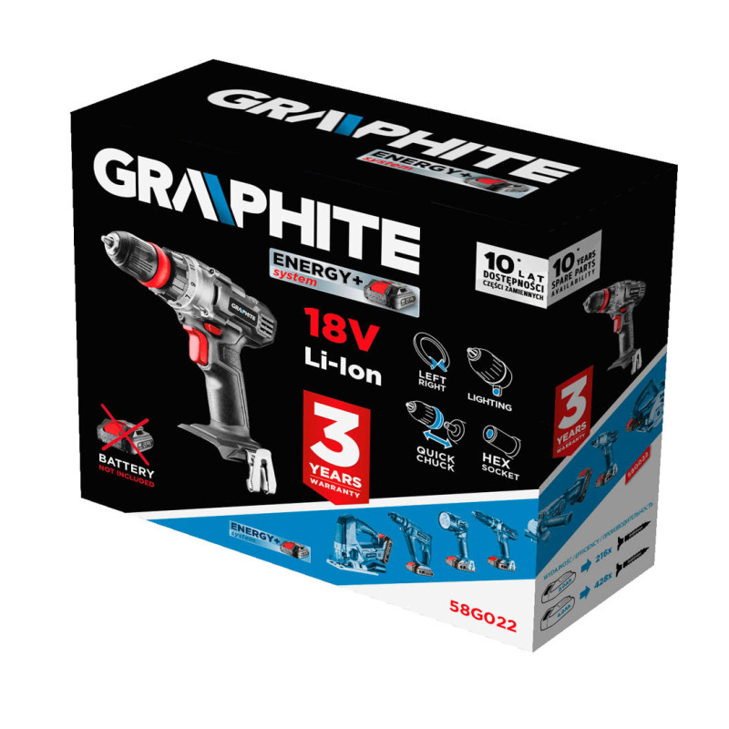 Акумуляторний дриль-шуруповерт GRAPHITE 58G022 18В, Li-Ion, 44 Нм, 2 швидкості (без акумулятора та зарядного пристрою)