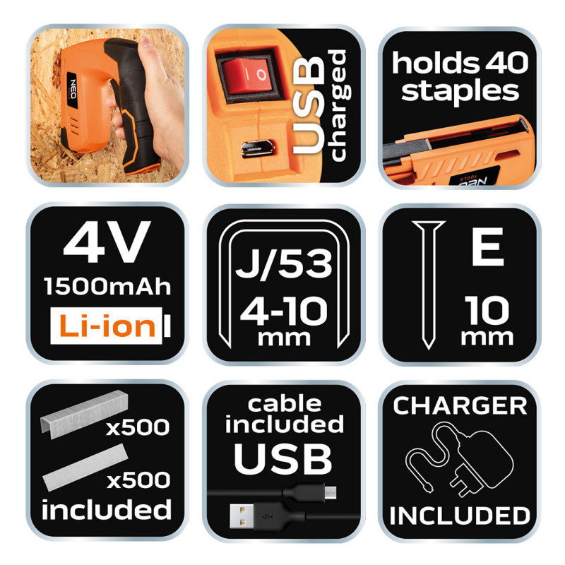 Меблевий акумуляторний степлер NEO Tools 16-050, 4V, micro USB, набір скоб і цвяхів